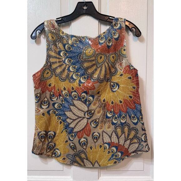 NWT Monique Leshman Gold Colorful Peacock Sequined Sleeveless Top Size M - Picture 2 of 7